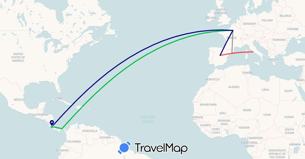 TravelMap itinerary: driving, bus, plane, cycling, hiking in Costa Rica, Spain, France, Italy, Panama (Europe, North America)